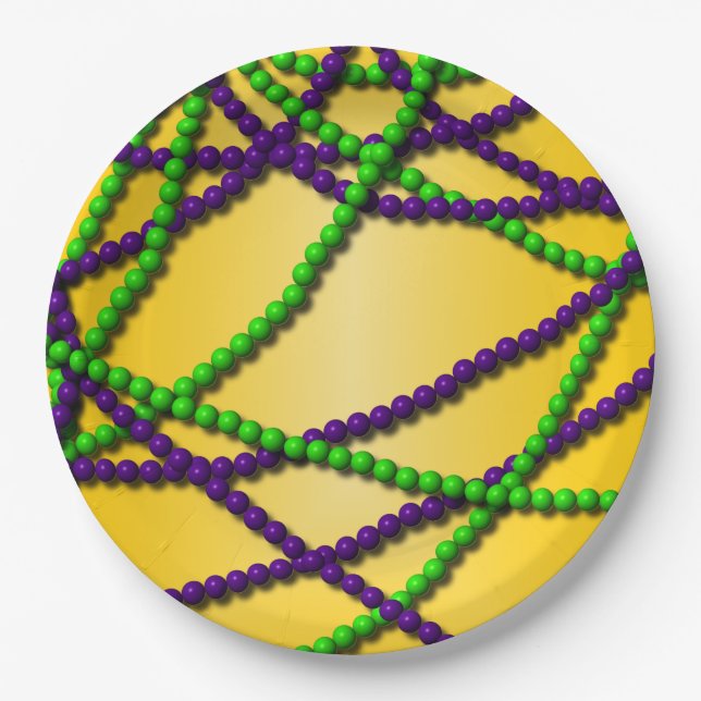 Mardi Gras Purple and Green Beads Paper Plate (Front)