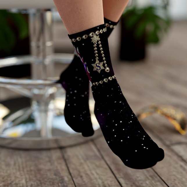 Mardi Gras Purple Galaxy Feather Pendant Socks (Mardi Gras Socks. All faux and fabulous beads and feathers and space for your initial)
