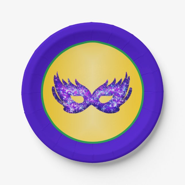 Mardi Gras Purple Glitter Mask Paper Plate (Front)