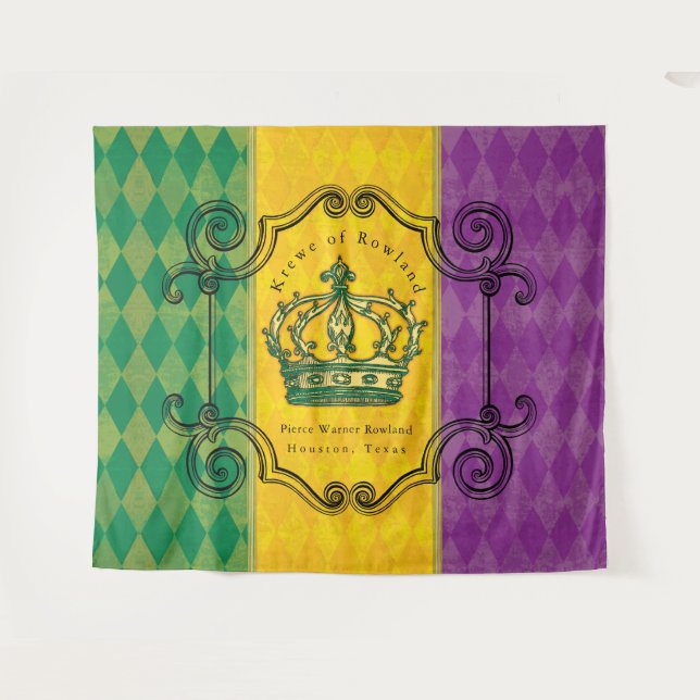 Mardi Gras Purple Gold Green Crown Family Name Tap Tapestry (Front (Horizontal))