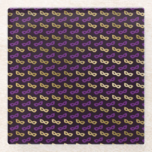 Mardi Gras Purple Golden Carnival Masks NOLA Glass Coaster