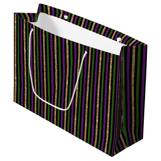 Mardi Gras Purple Green Black Faux Gold Stripes  Large Gift Bag (Front Angled)