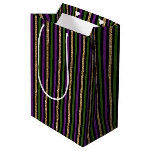 Mardi Gras Purple Green Black Faux Gold Stripes Medium Gift Bag