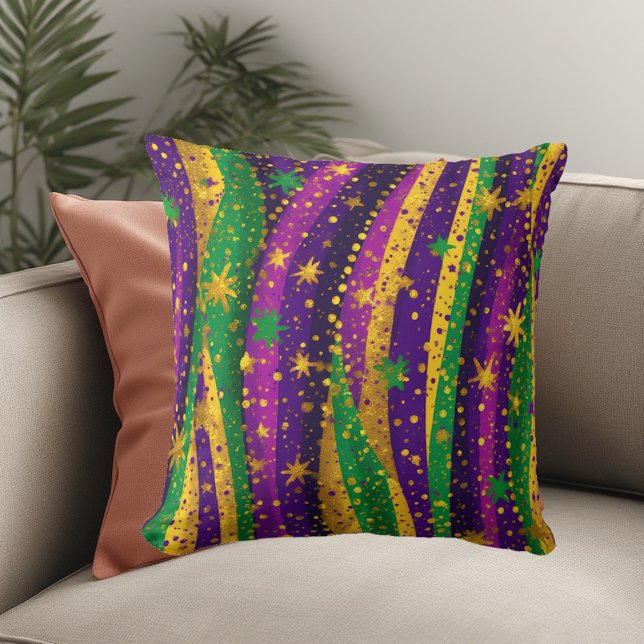 Mardi gras Purple Green Gold Stars Stripes Vibrant Cushion (Mardi gras Purple Green Gold Stars Stripes Vibrant Throw Pillow)