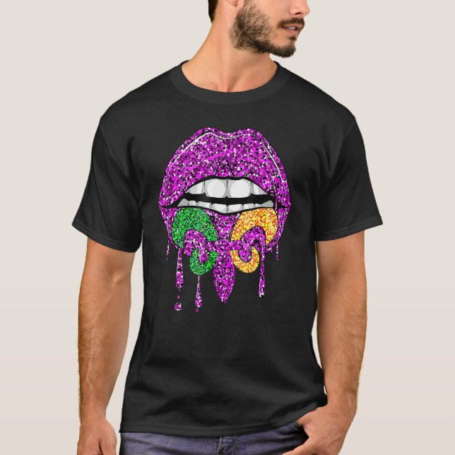 Mardi Gras Purple Lip Green And Yellow T-Shirt (Front)