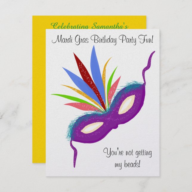 Mardi Gras Purple Mask Birthday Party Fun Invitation (Front/Back)
