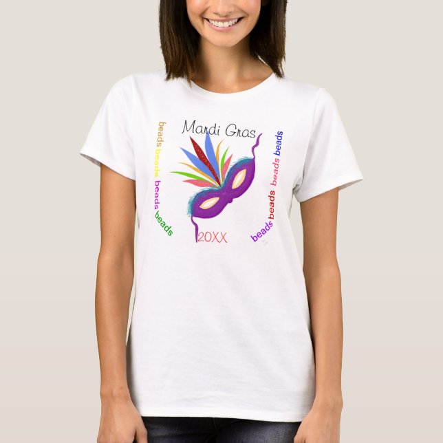 Mardi Gras Purple Mask Colourful Beads Fun T-Shirt (Front)