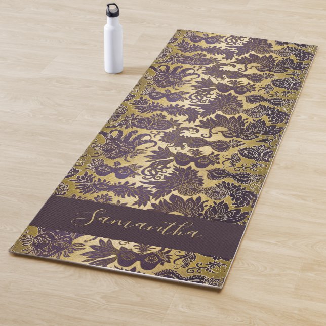 Mardi Gras Purple Masks Faux Gold Monogrammed Yoga Mat (In Situ)