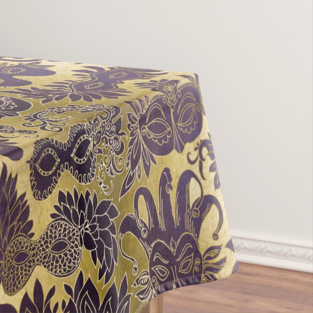 Mardi Gras Purple Masquerade Masks Faux Gold Tablecloth (In Situ)