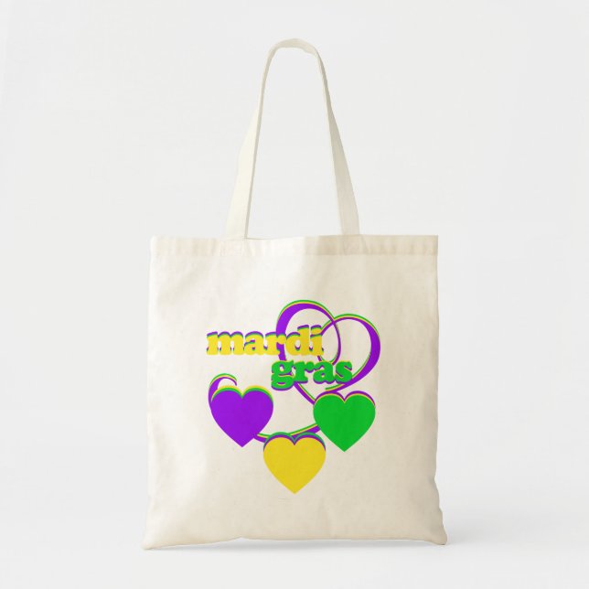 Mardi Gras Purple Yellow Green Hearts Carnival Tote Bag (Front)