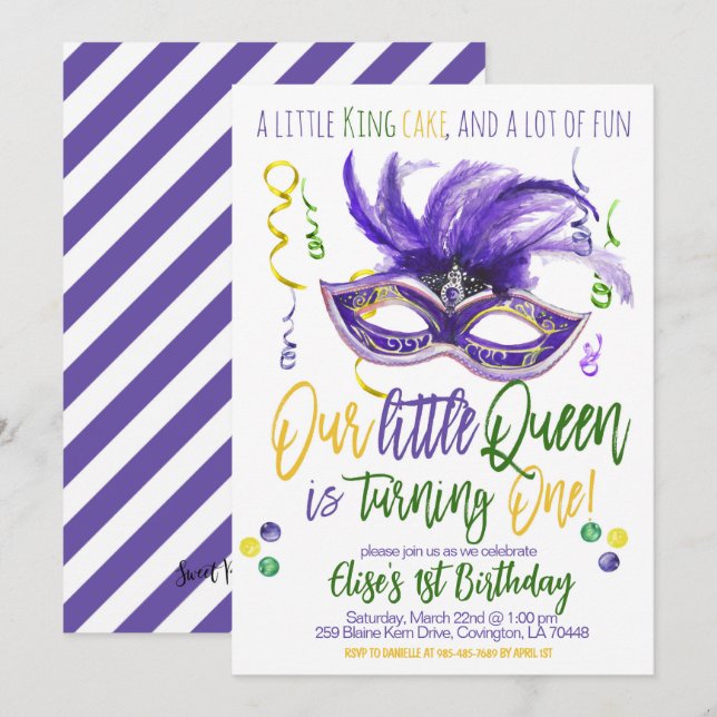 Mardi Gras Queen First Birthday Invitation (Front/Back)