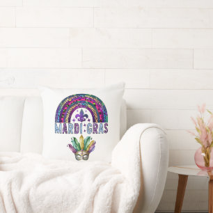 Mardi Gras Rainbow and Mask Throw Pillow
