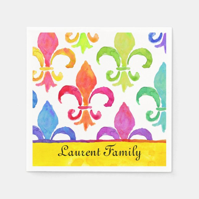 Mardi Gras Rainbow Fleur de lis Family Name Napkin (Front)