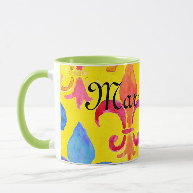 Mardi Gras Rainbow Fleur de lis Monogram Mug (Left)