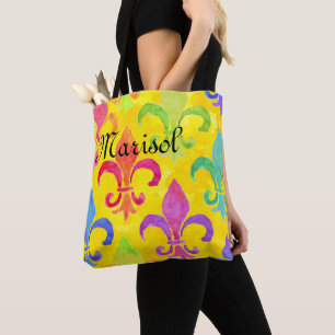 Mardi Gras Rainbow Fleur de lis Monogram Yellow Tote Bag