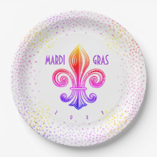 Mardi Gras Rainbow Fleur De Lis with Confetti Paper Plate