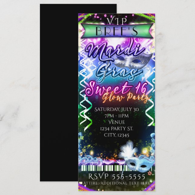 Mardi Gras Rainbow Glow VIP SWEET 16 Party Ticket Invitation (Front/Back)