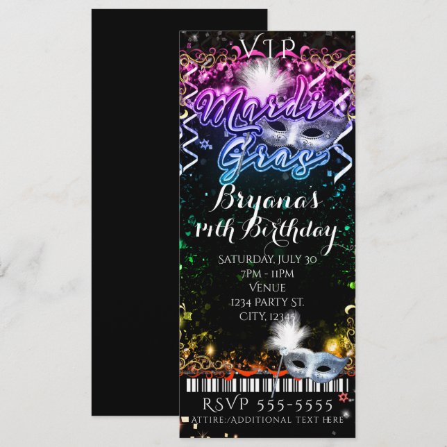 Mardi Gras Rainbow VIP Birthday Party Ticket Invitation (Front/Back)