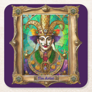 Mardi Gras Realm Portraits - The Artist Dali Square Paper Coaster