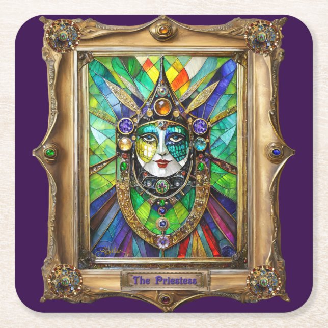 Mardi Gras Realm Portraits - The Priestess Square Paper Coaster (Front)