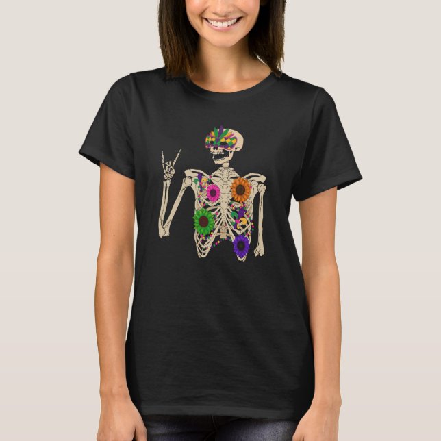 Mardi Gras Rocker On Rock Skeleton Hands sign Carn T-Shirt (Front)
