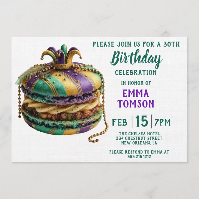Mardi Gras Royal Macaron Birthday Invitation (Front)