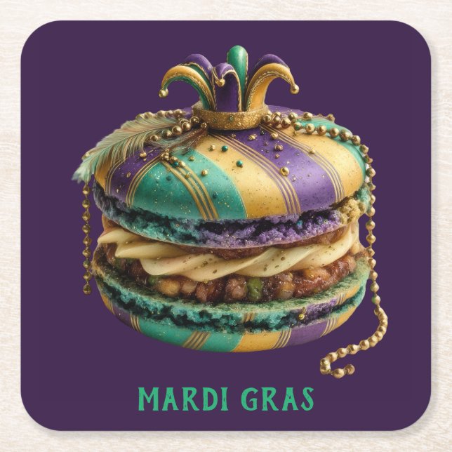 Mardi Gras Royal Macaron Square Paper Coaster (Front)