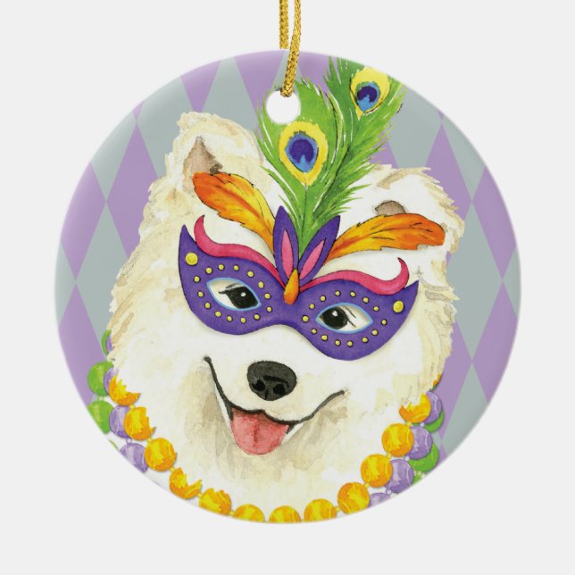 Mardi Gras Samoyed Ceramic Tree Decoration (Front)
