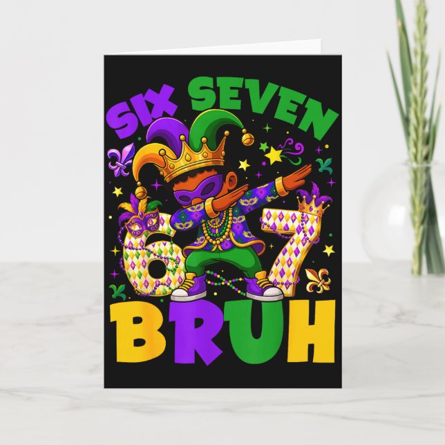 Mardi Gras Six Seven 67 Bruh Meme Dabbing Leprecha Card (Front)