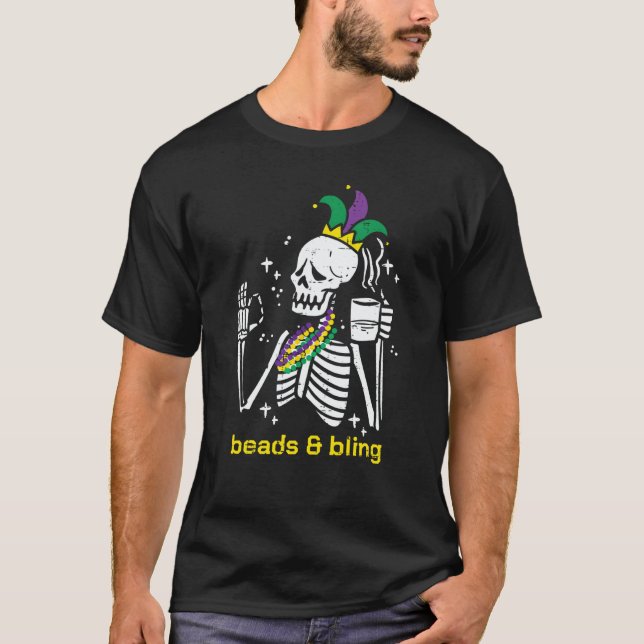 Mardi Gras Skeleton Beads Bling Outfit Men Women T-Shirt (Front)