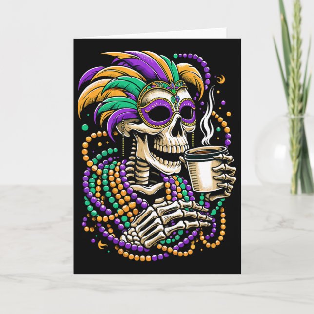 Mardi Gras Skeleton Drinking Coffee Beads Mask  Card (Front)