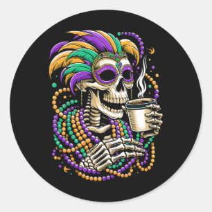 Mardi Gras Skeleton Drinking Coffee Beads Mask Classic Round Sticker