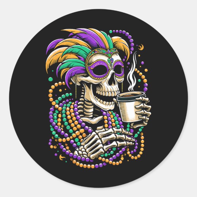 Mardi Gras Skeleton Drinking Coffee Beads Mask  Classic Round Sticker (Front)