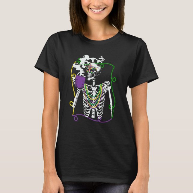 Mardi Gras Skeleton Drinking Coffee Mask Beads Fat T-Shirt (Front)