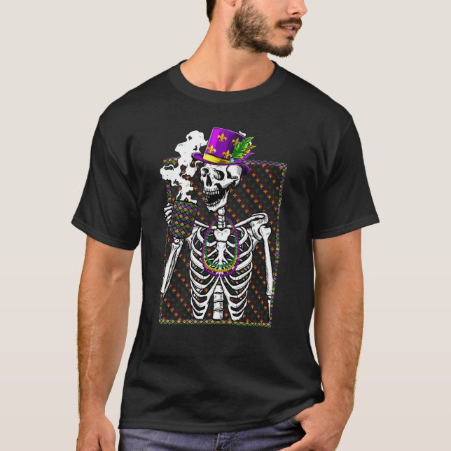 Mardi Gras Skeleton Drinking Coffee Mask Beads T-Shirt (Front)