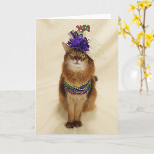 Mardi Gras Somali Cat with Beads and Hat  Card