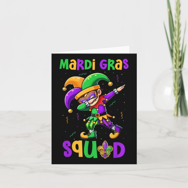 Mardi Gras Squad Dabbing Kid Boy Masked Jester Hat Card (Front)