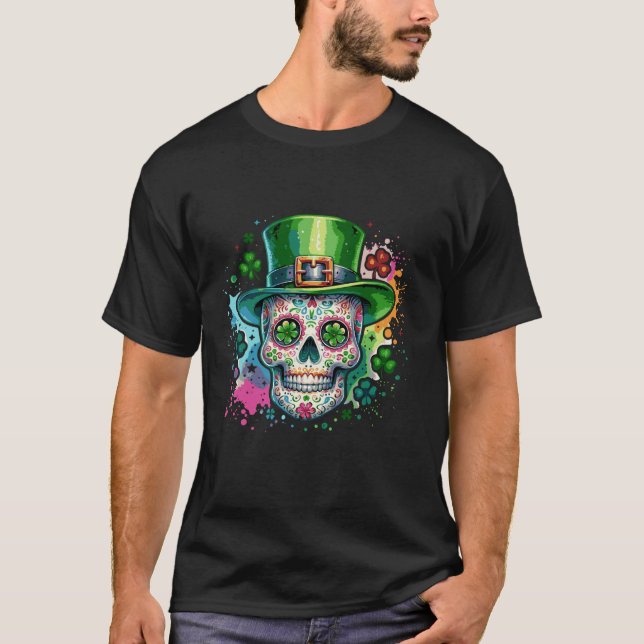 Mardi Gras St Patricks Day Shamrock Sugar Skull Ca T-Shirt (Front)