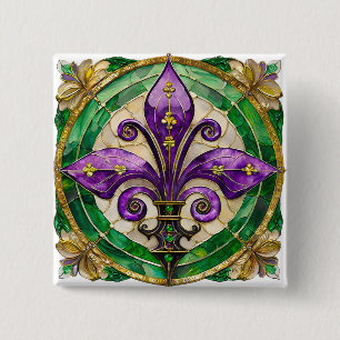 Mardi Gras Stained Glass Fleur de lis  15 Cm Square Badge