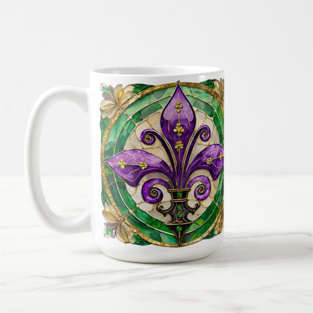 Mardi Gras Stained Glass Fleur de lis  Coffee Mug (Left)