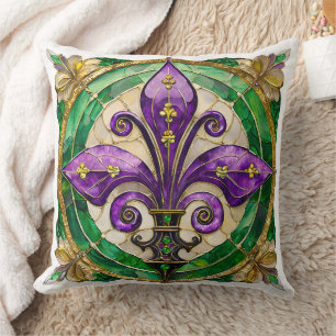 Mardi Gras Stained Glass Fleur de lis  Cushion
