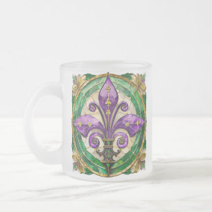 Mardi Gras Stained Glass Fleur de lis Frosted Glass Coffee Mug