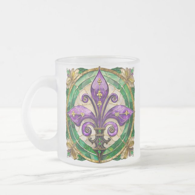 Mardi Gras Stained Glass Fleur de lis  Frosted Glass Coffee Mug (Left)