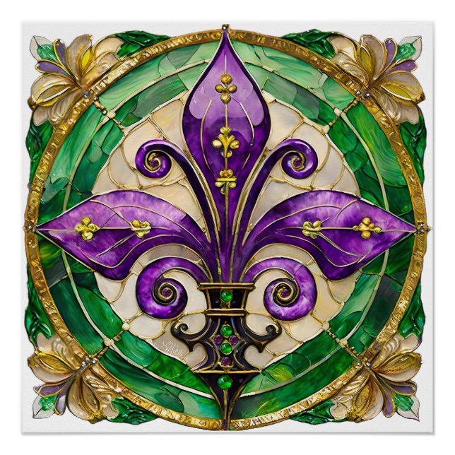 Mardi Gras Stained Glass Fleur de lis  Poster (Front)