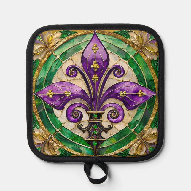Mardi Gras Stained Glass Fleur de lis  Pot Holder (Front)