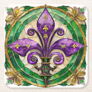 Mardi Gras Stained Glass Fleur de lis  Square Paper Coaster