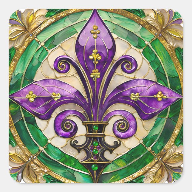 Mardi Gras Stained Glass Fleur de lis  Square Sticker (Front)