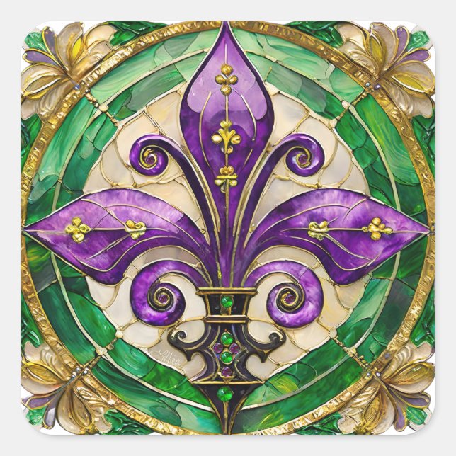 Mardi Gras Stained Glass Fleur de lis  Square Sticker (Front)