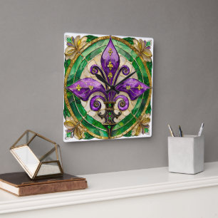 Mardi Gras Stained Glass Fleur de lis Square Wall Clock