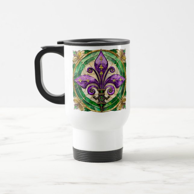 Mardi Gras Stained Glass Fleur de lis  Travel Mug (Left)